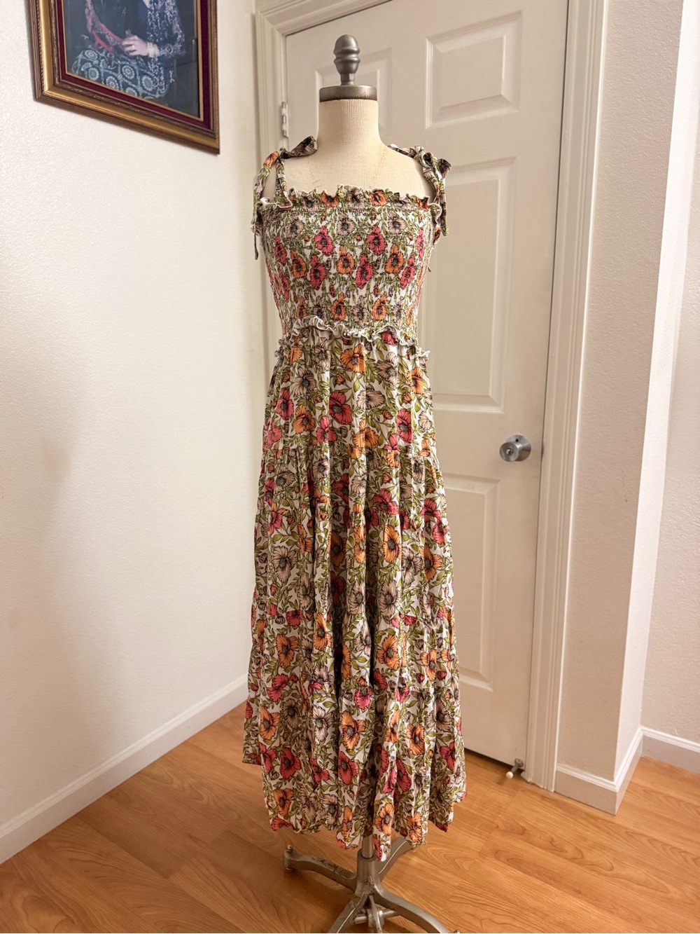 Anthropologie Floral Smocked Maxi Dress with Tie Straps - Pink & Orange